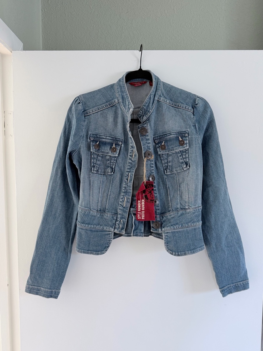 Y2K Guess Jeans Deadstock Cropped Military Peplum Denim Jacket Band Collar NWT M